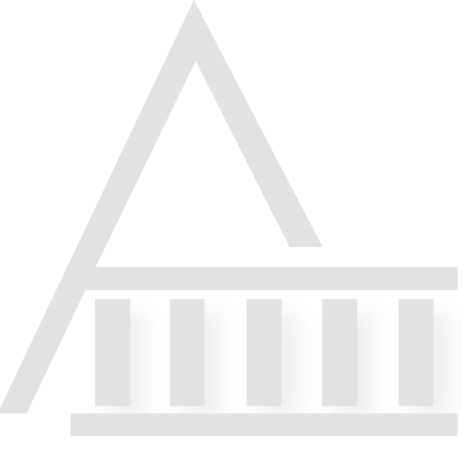 Green logo: Stylized triangle above five vertical bars, resembling a building facade.