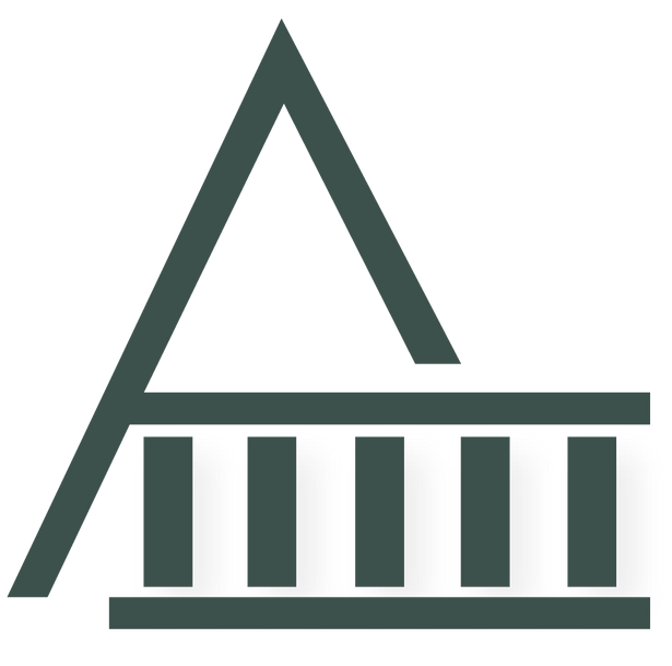 Black and white logo: Stylized triangle above horizontal bars, resembling a building's facade.