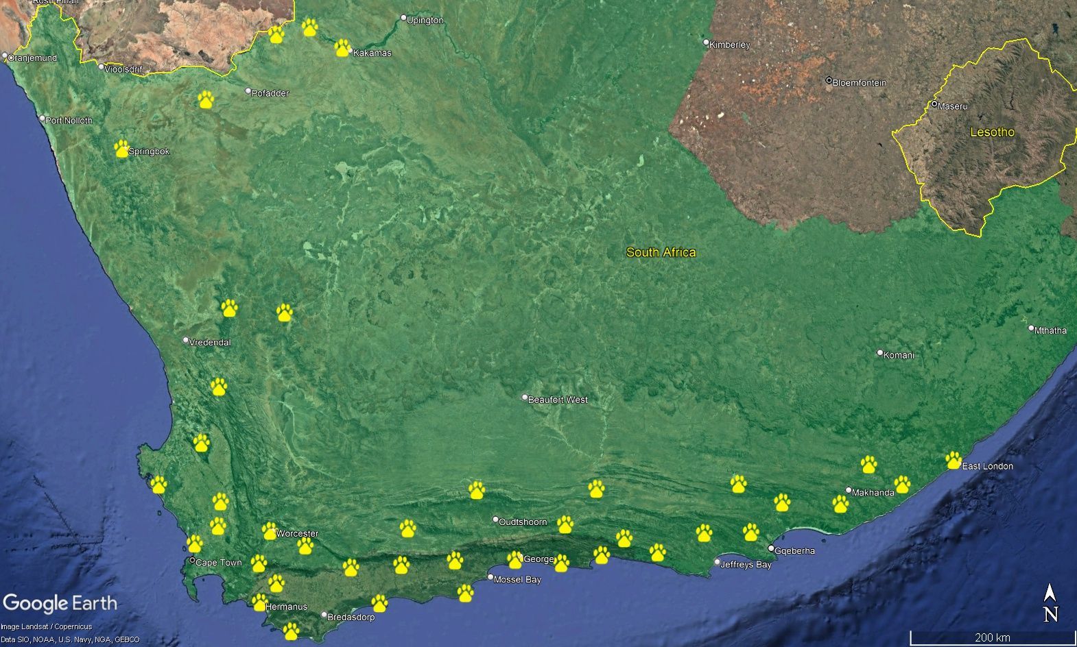 Map of South Africa with yellow icons marking various locations.