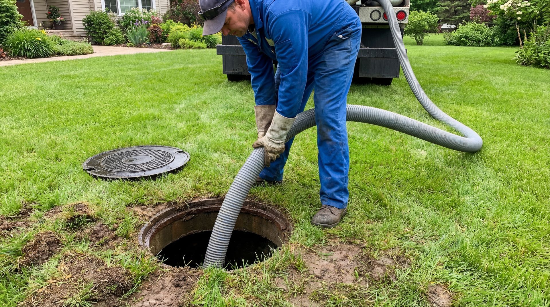 Septic tank cleaning technician pumping a residential septic system during an emergency septic tank service call