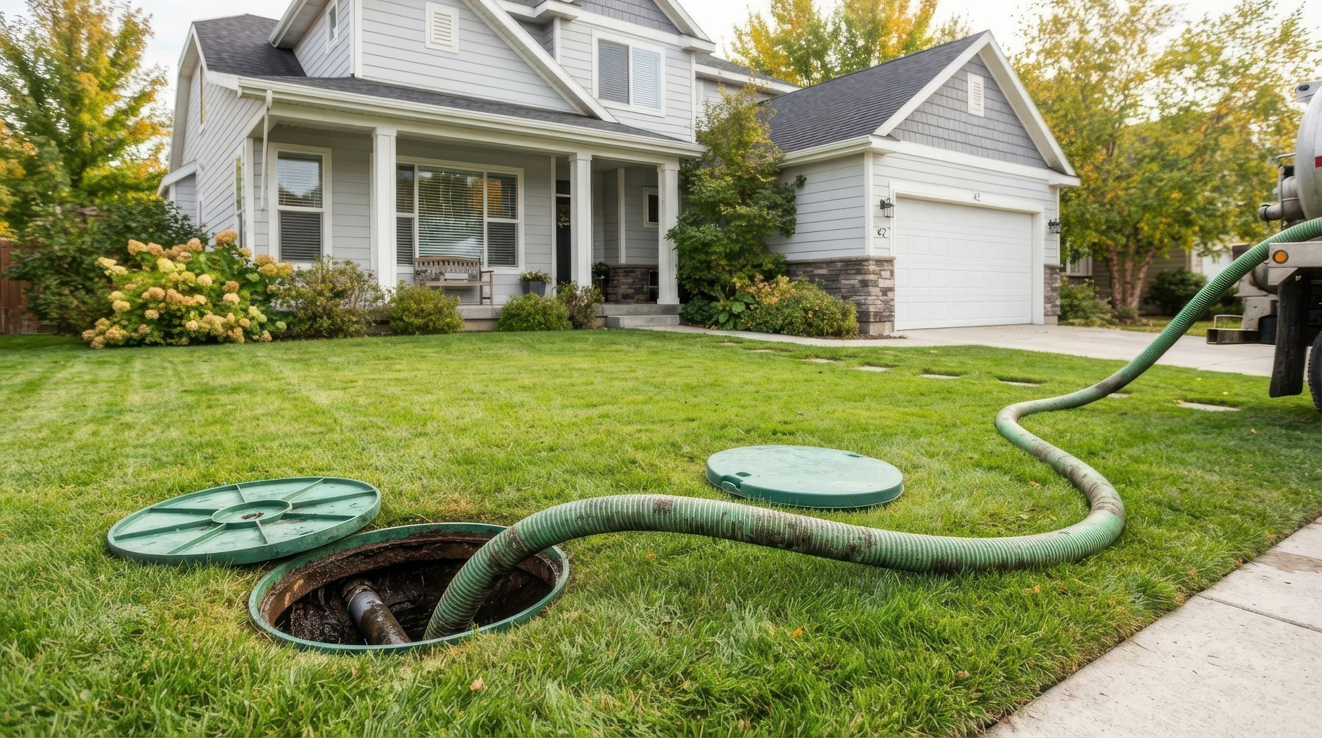 Septic tank cleaning service in progress with pump hose connected to residential septic system access points