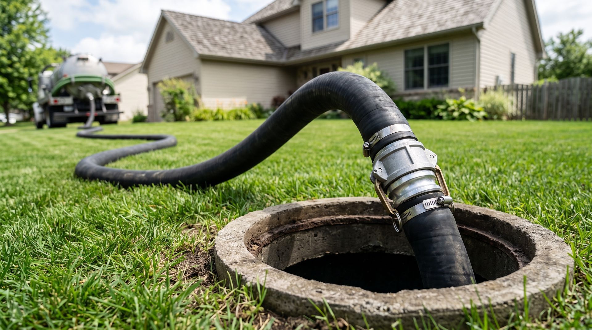 Septic tank cleaning pump hose connected to a residential septic system access point during an emergency septic service