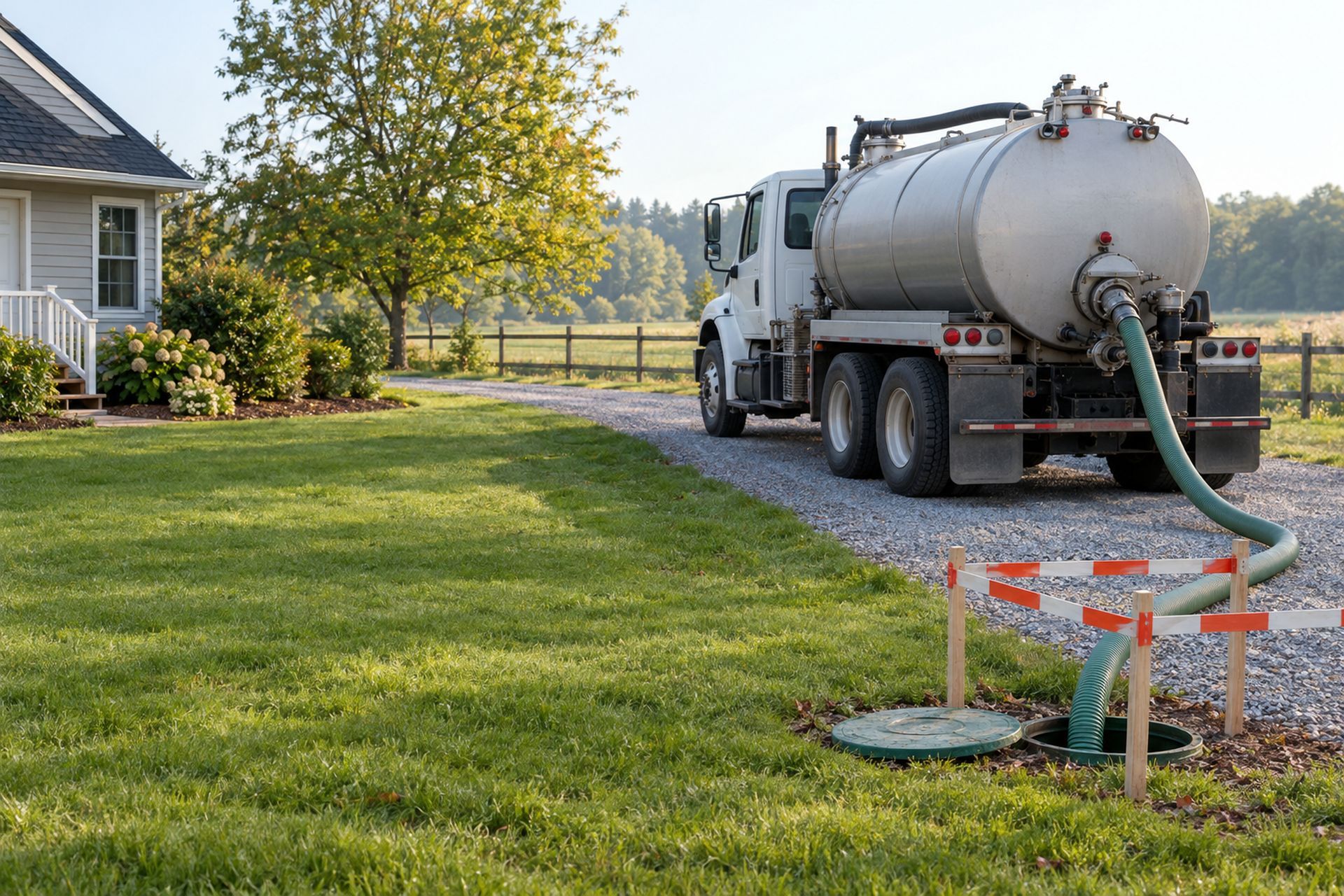 Septic pumping truck servicing a residential tank in the yard.