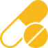 A yellow icon of a capsule and a pill on a white background.