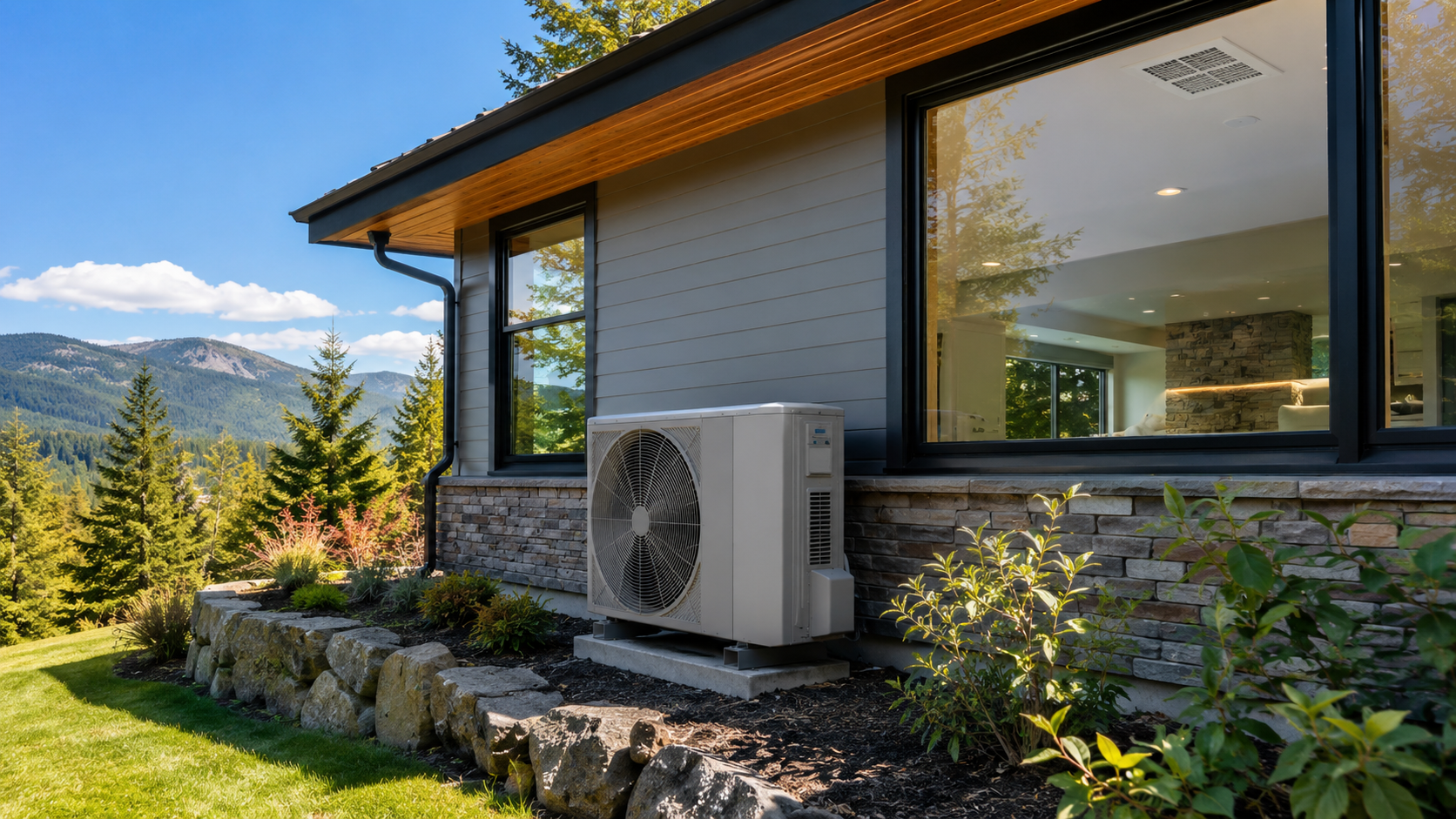 Modern house exterior with a wall-mounted heat pump and mountain view.