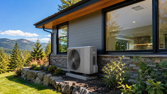 Modern house exterior with a wall-mounted heat pump and mountain view.