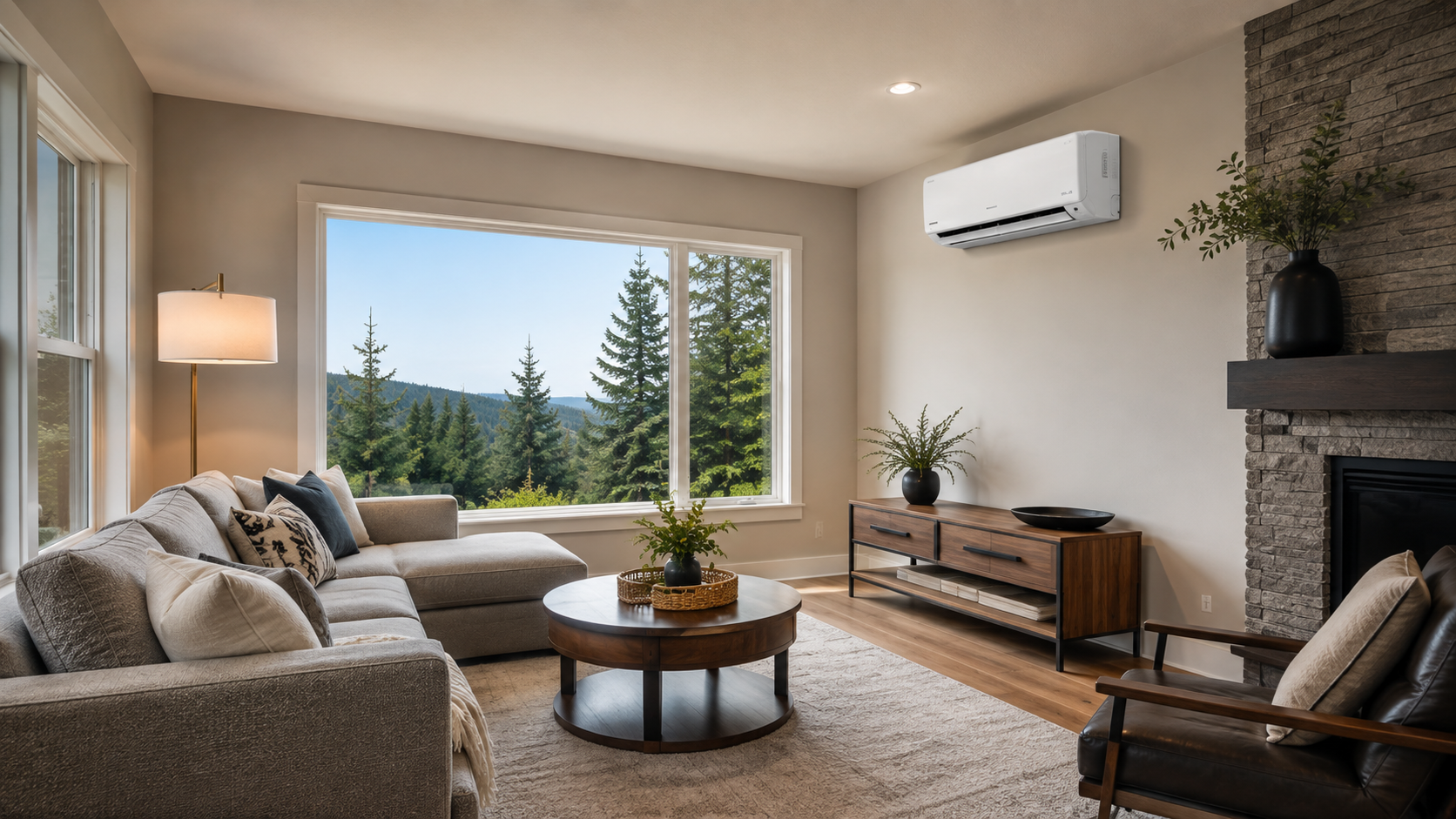 Cozy living room with large window, sofa, armchair, fireplace, and mountain view