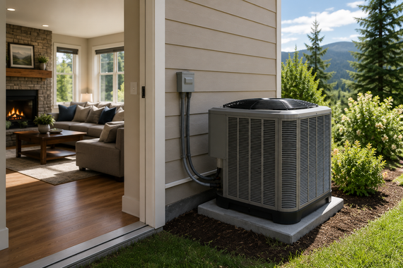 Home exterior with central air conditioner beside a house, overlooking a green hillside and mountains.
