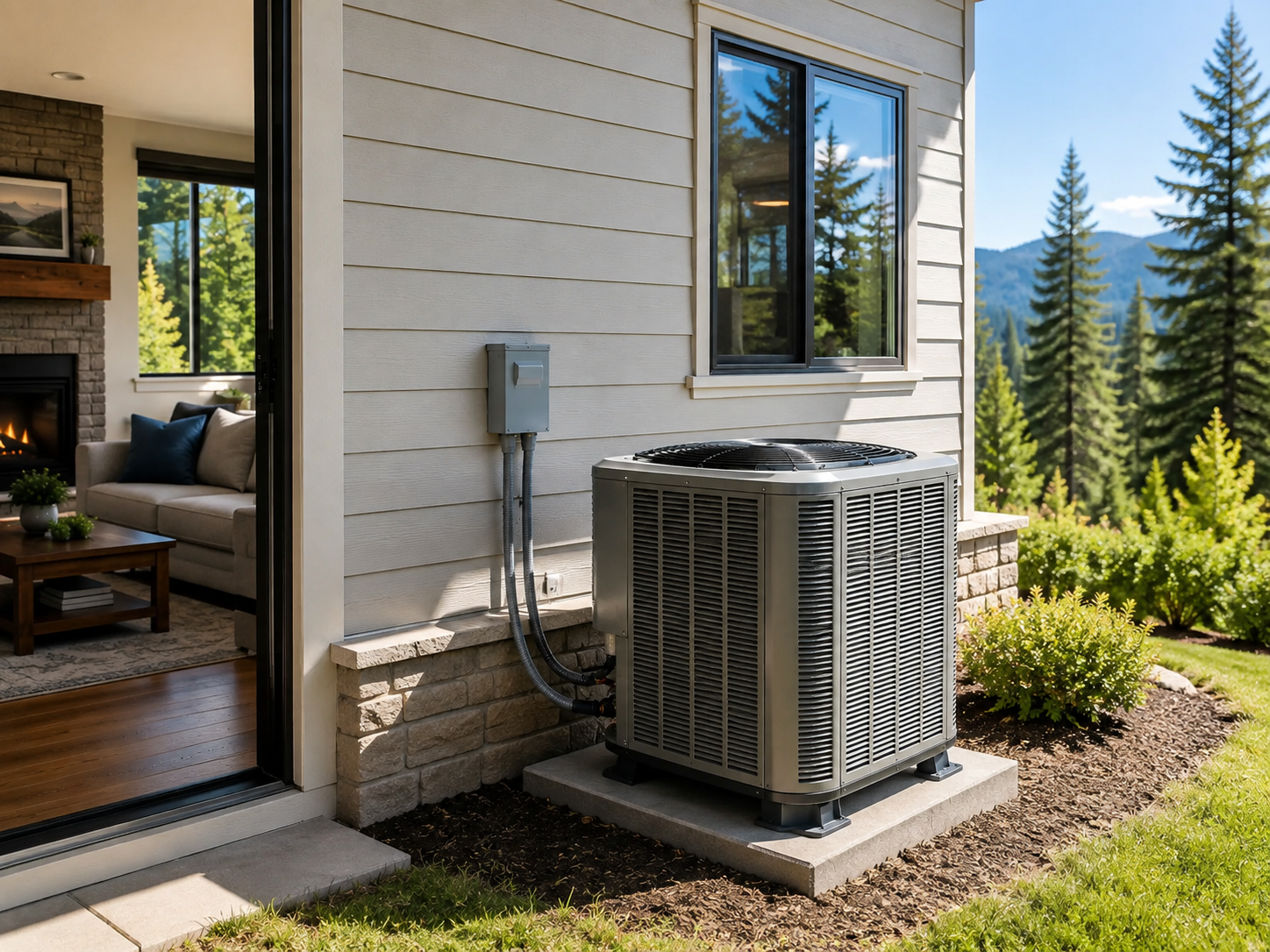 Outdoor HVAC unit beside a house wall and window, with a doorway opening to a living room