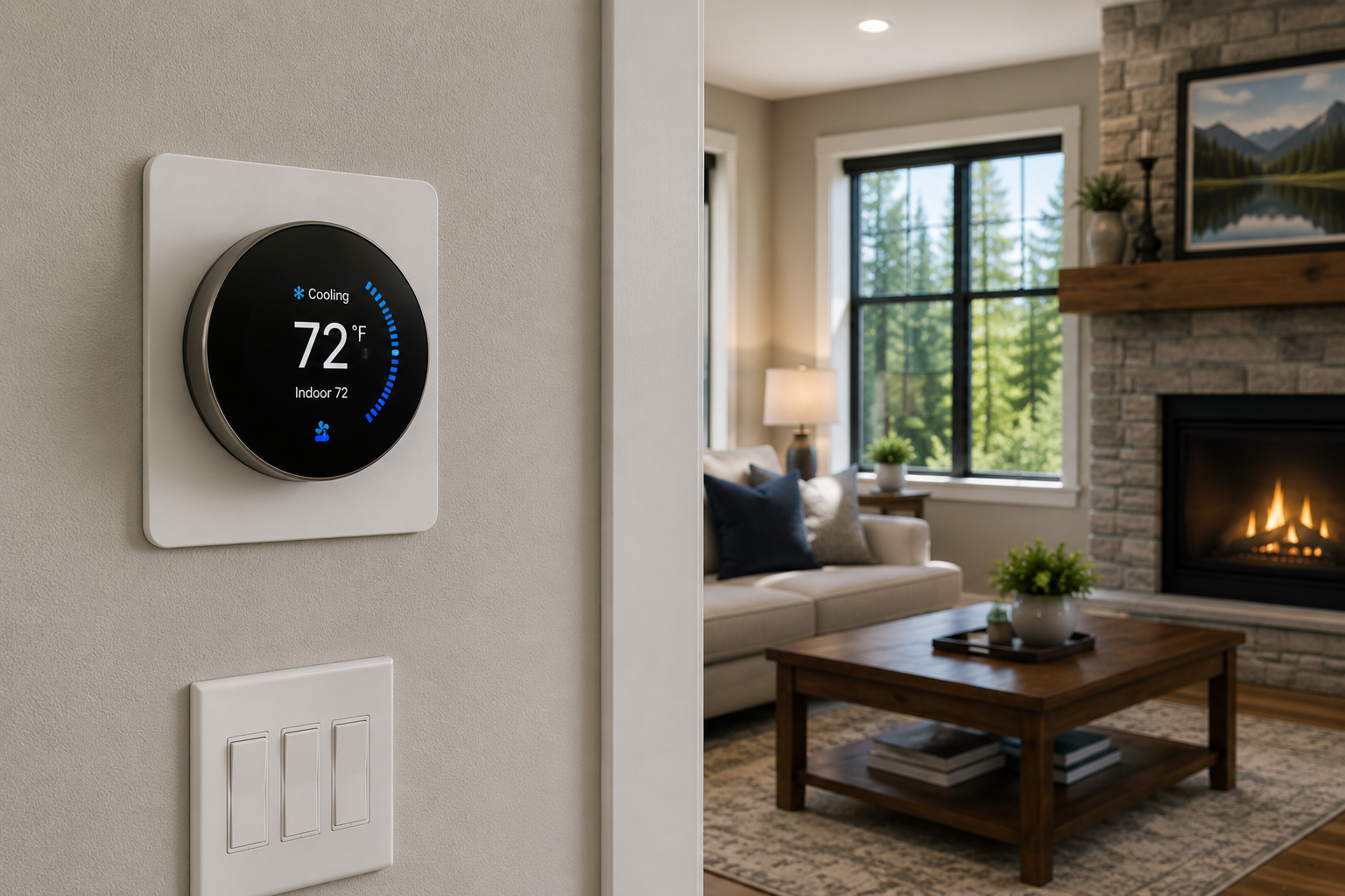 Smart thermostat on wall beside light switch, next to a cozy living room with fireplace and large window.