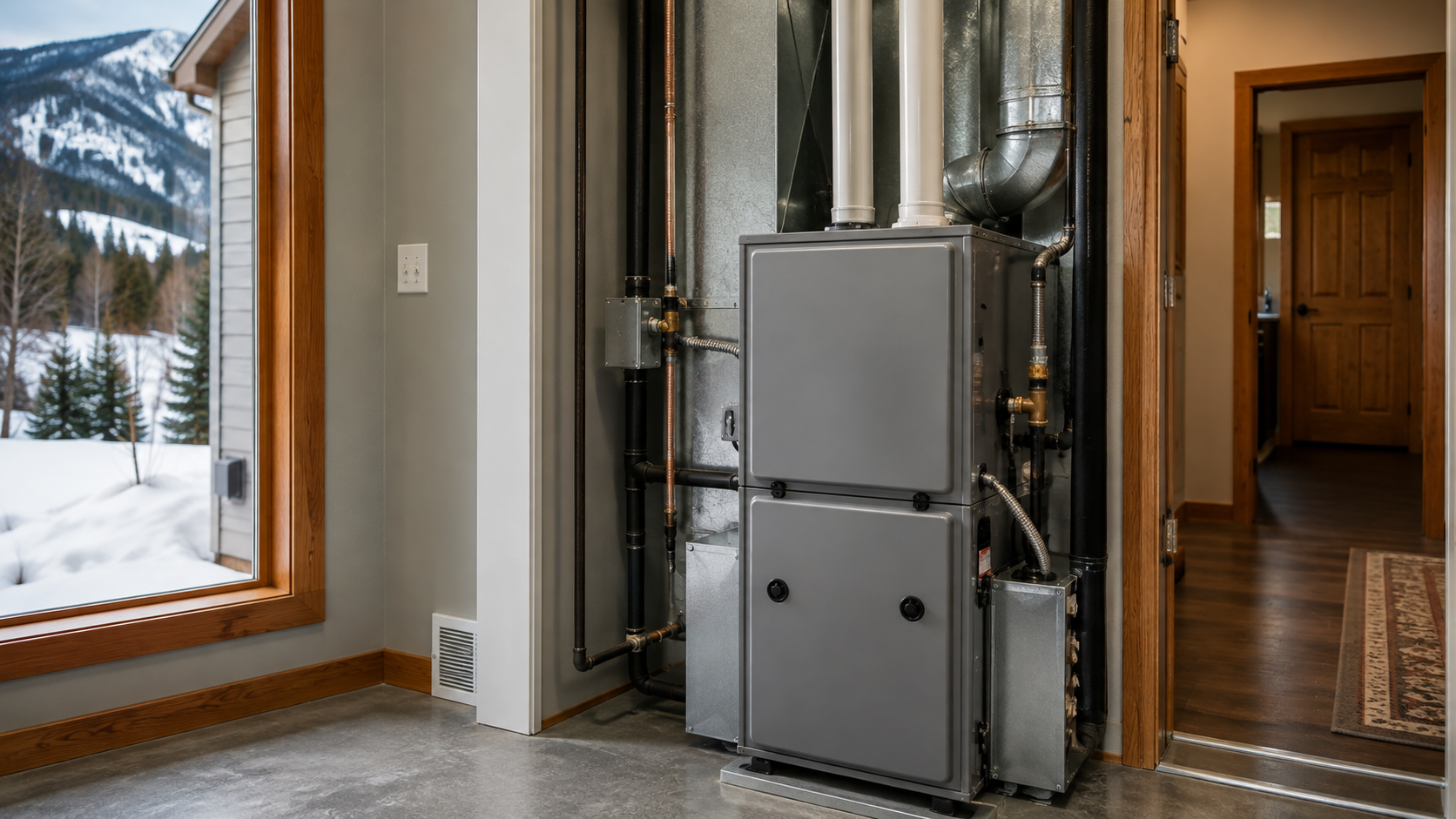 Modern home interior with a metal furnace/boiler beside a doorway, snowy mountains visible through a window