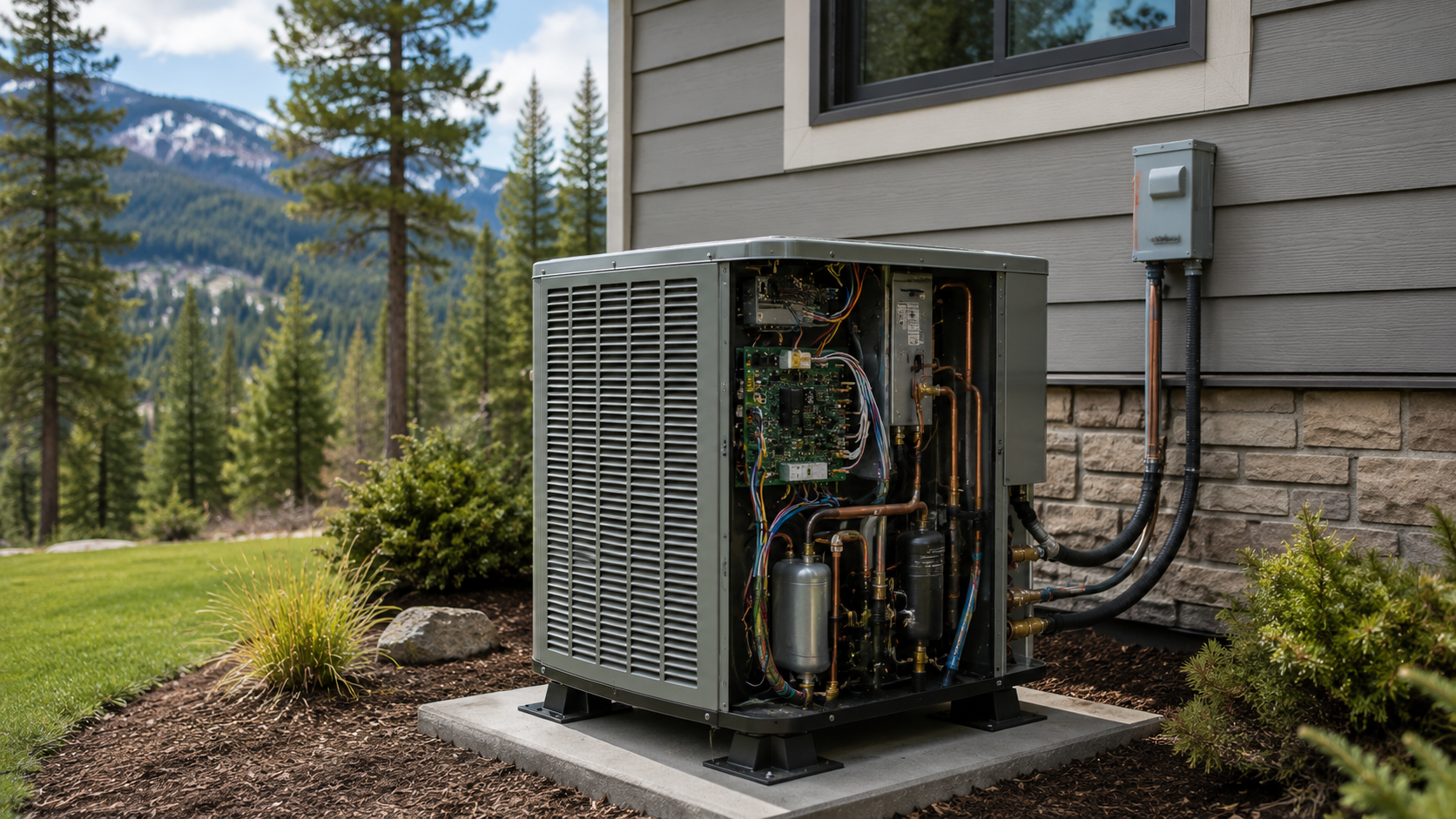 Outdoor HVAC unit beside a house, with mountain forest scenery in the background