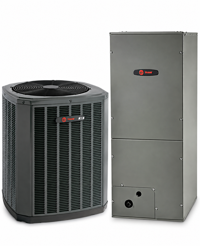 Outdoor HVAC air conditioner and furnace unit set, dark gray metal with brand logos