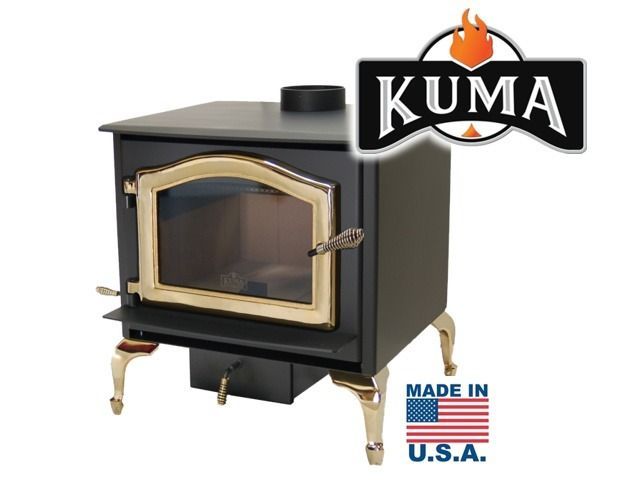 Black KUMA wood stove with gold trim and USA-made logo on white background