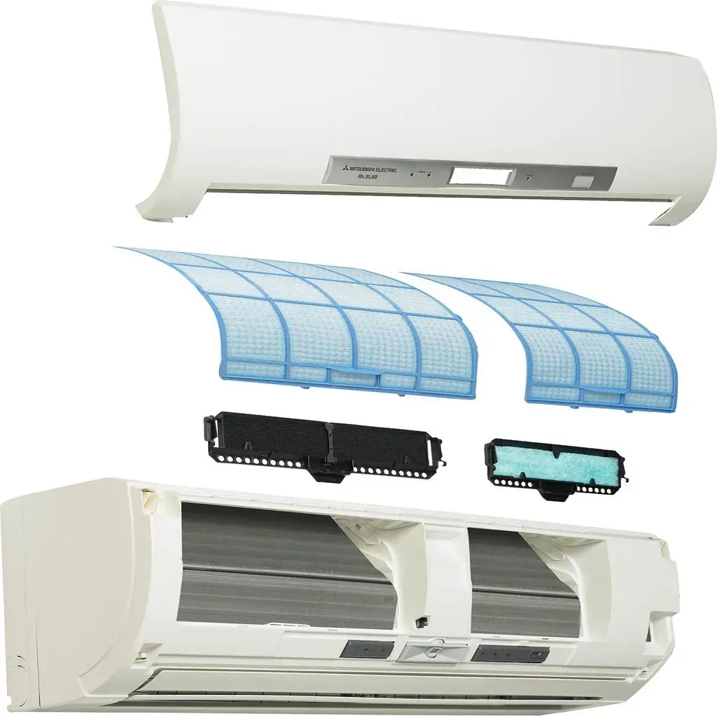 Exploded view of a wall-mounted air conditioner showing front panel, filters, and internal components