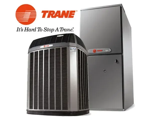 Trane HVAC outdoor unit and matching silver cabinet with logo on white background