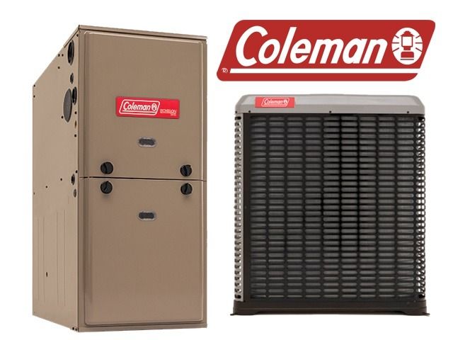 Coleman tan refrigerator and black outdoor air conditioner unit logo displayed above