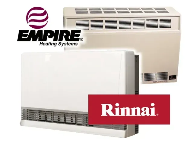 Empire Heating Systems and Rinnai wall heaters with logos on a white background