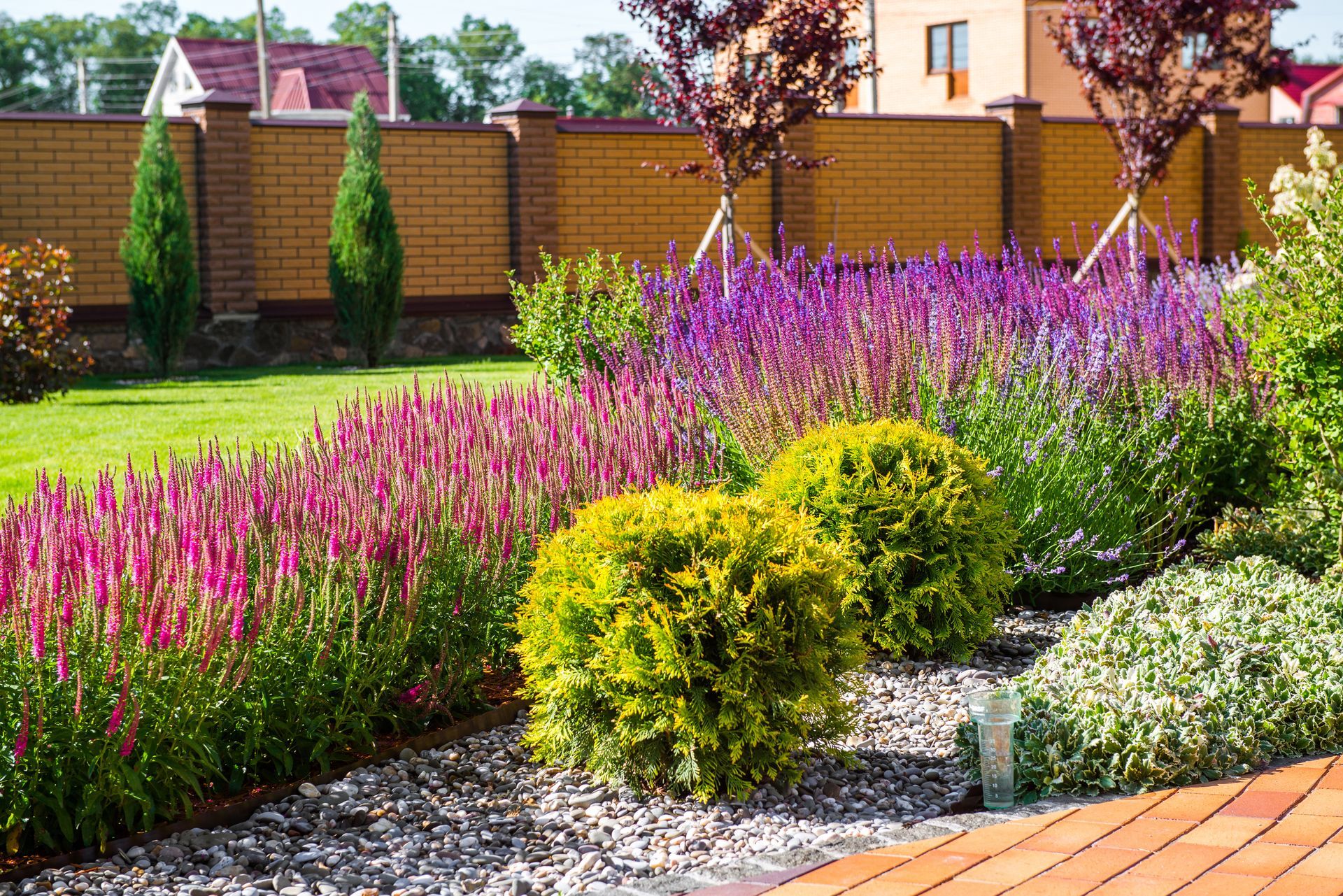 Pink and purple flowers, yellow shrubs, and gravel beside a brick walkway.