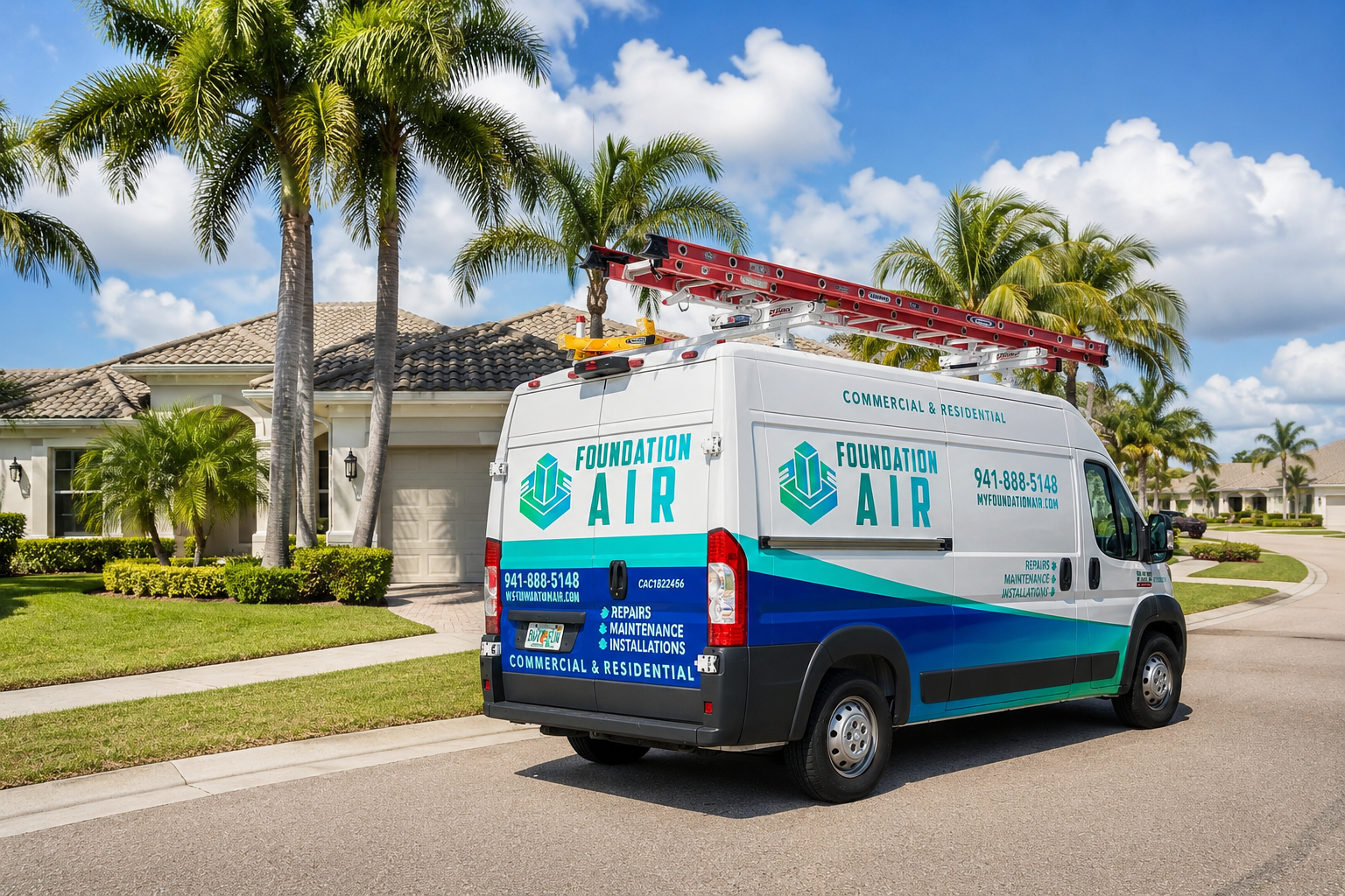 White-and-blue AIR service van parked on a palm-lined suburban street with a red ladder on top