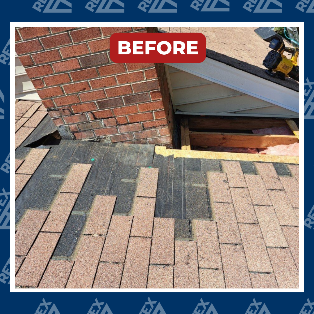A graphic showing before photo of RETEX chimney flashing replacement in North Chesterfield, VA.