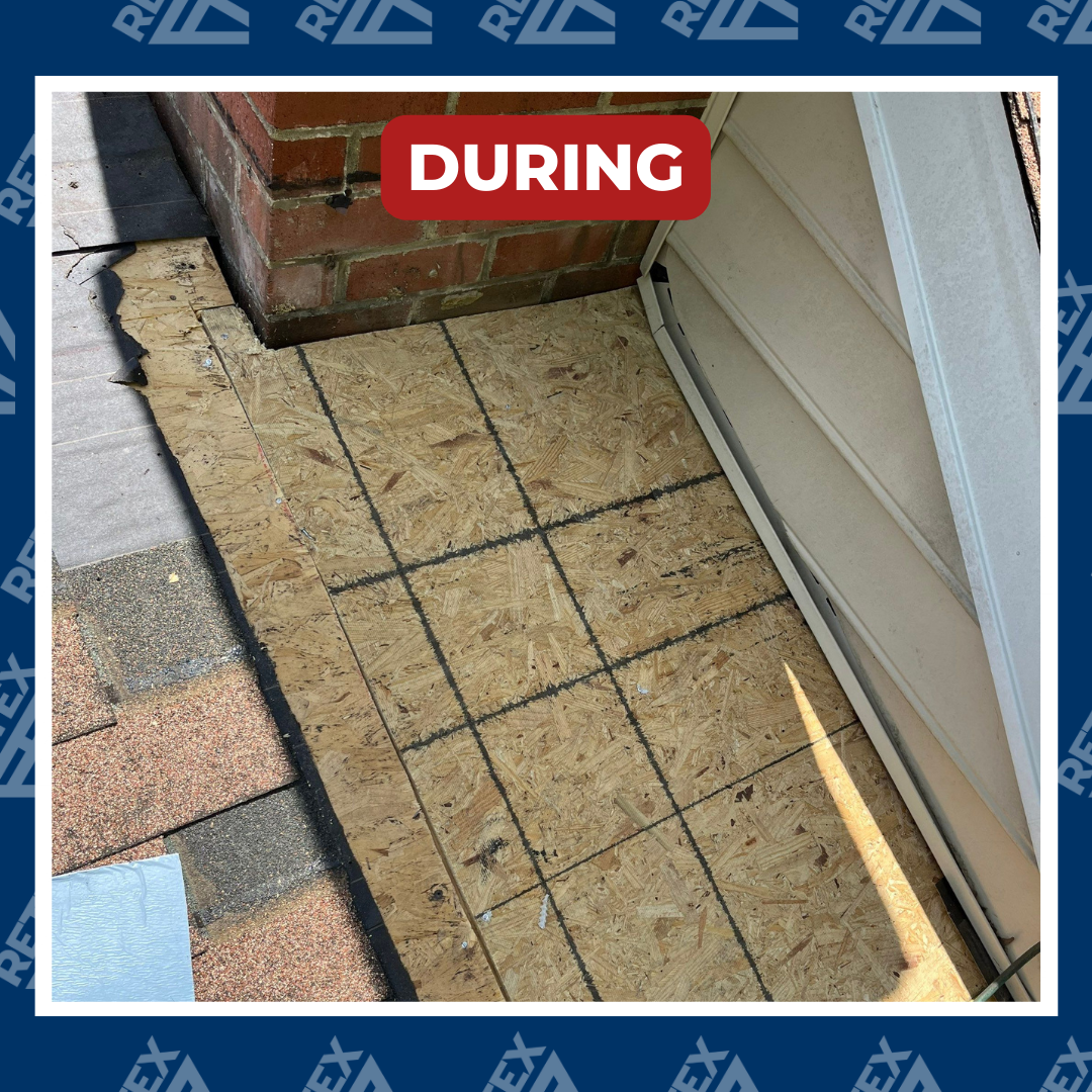 A graphic showing during-installation photo of RETEX chimney flashing replacement in North Chesterfield, VA.