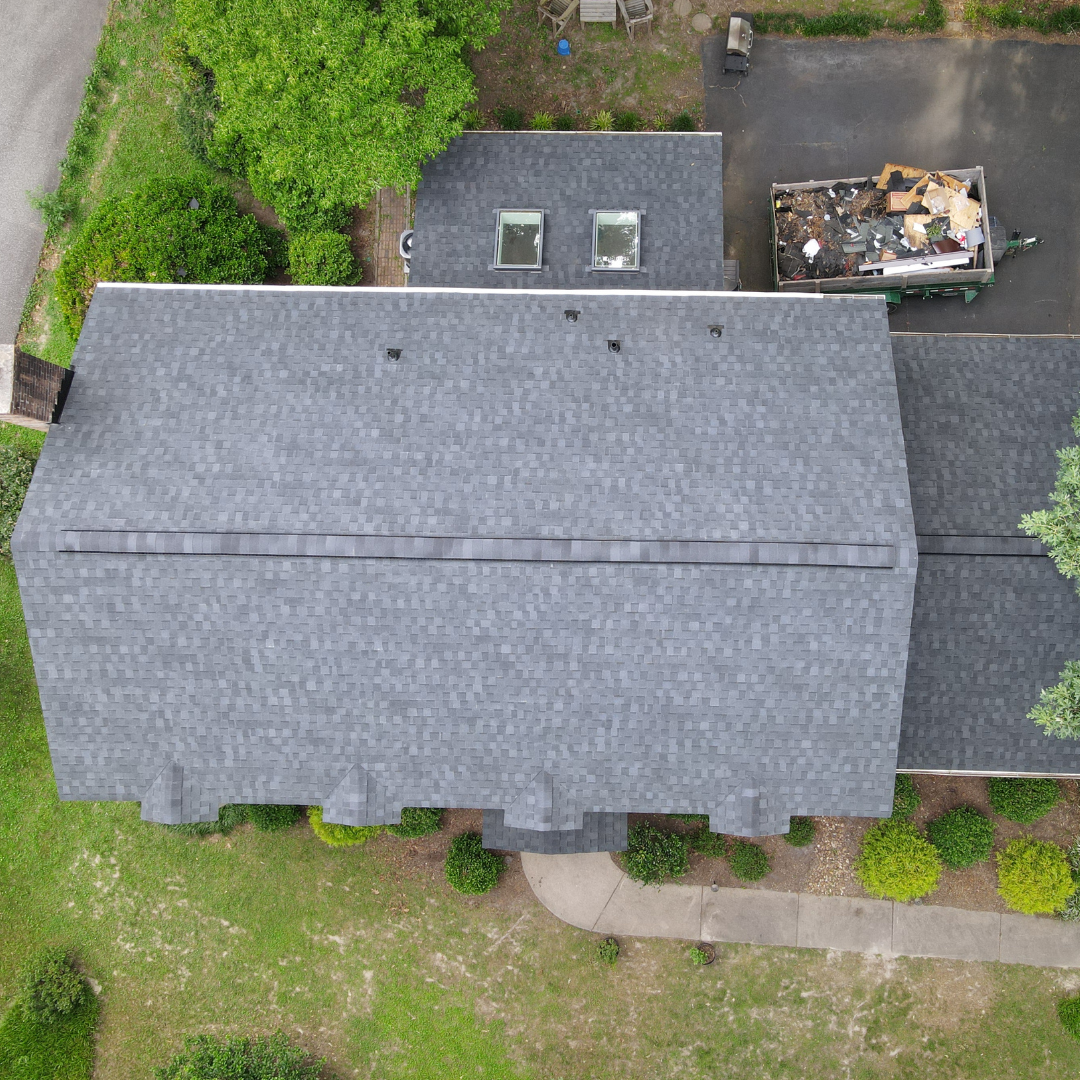 A drone image of a RETEX roof replacement in North Chesterfield VA 23235. Image shows after installation.