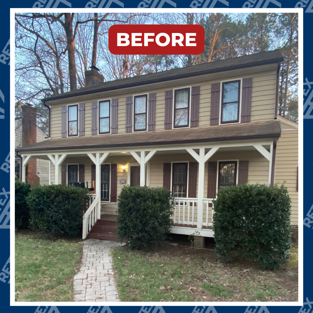 Graphic featuring before image of RETEX window replacement in Chesterfield VA 23832.