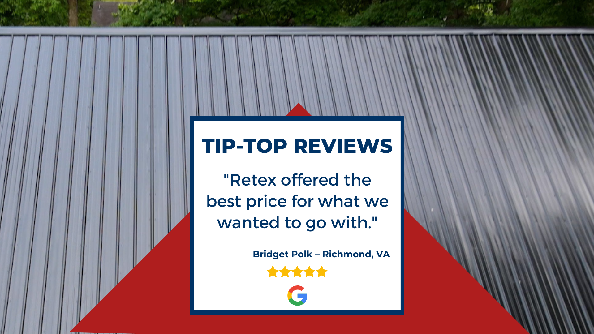 An infographic of a RETEX client's 5-star Google review. Text: 