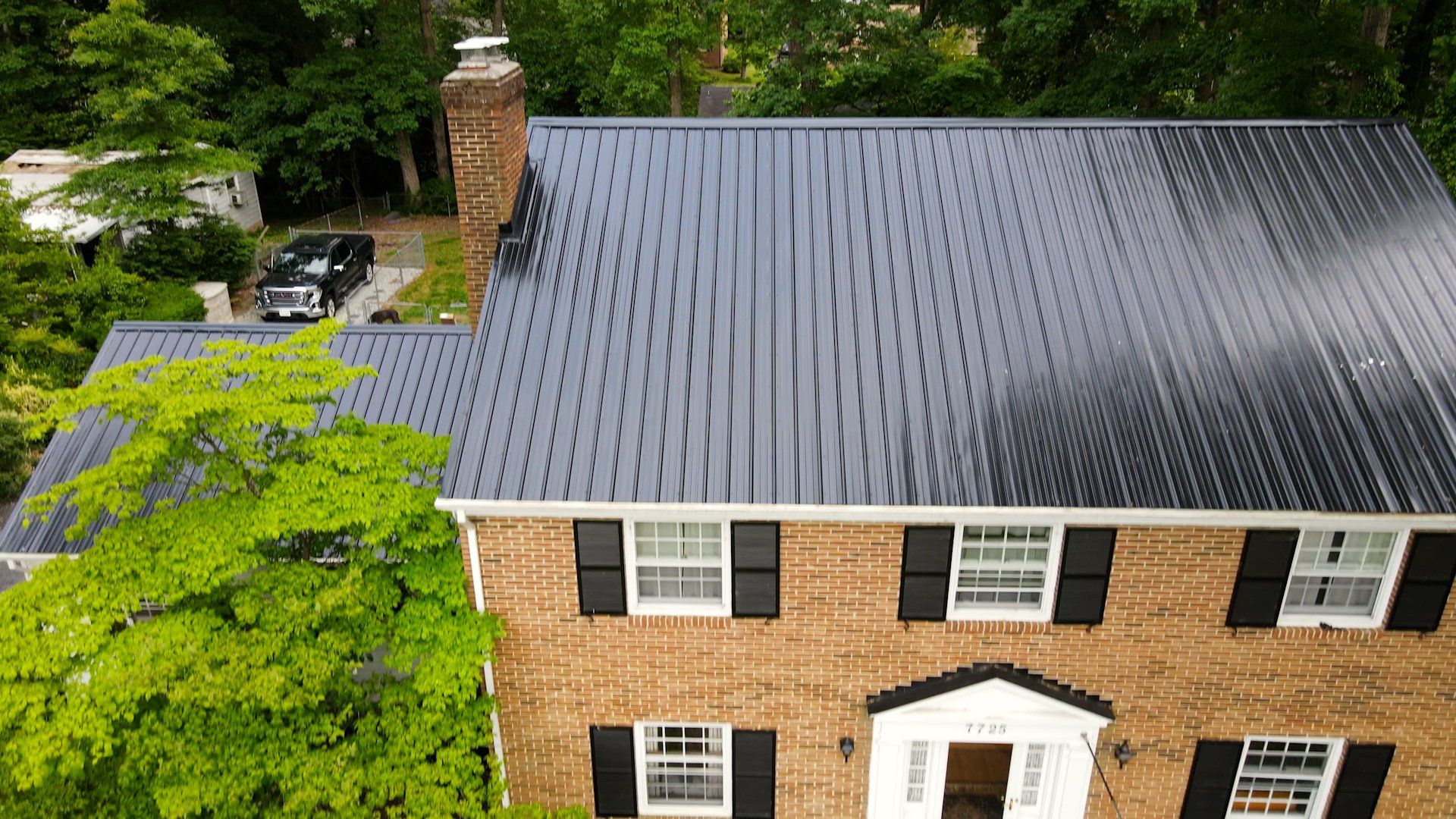 A drone image of a RETEX ribbed metal roof replacement in North Chesterfield VA 23235. 