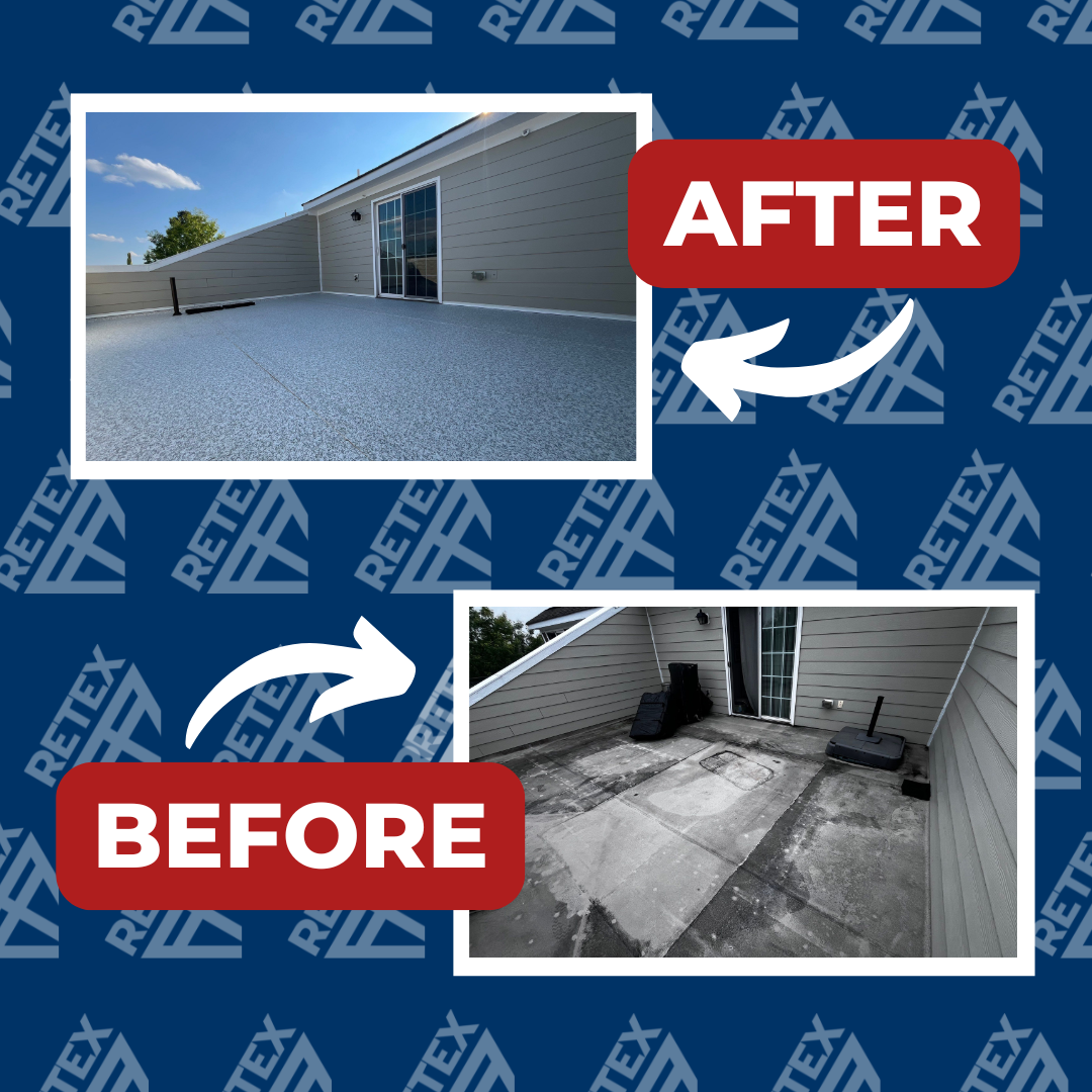 A graphic showing after photo of a flat roof replacement in North Chesterfield VA 23235.