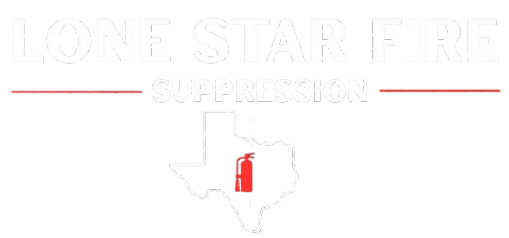 Logo for Lone Star Fire Suppression featuring text, a line, and a Texas outline with a fire extinguisher icon.