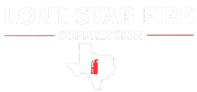 Logo for Lone Star Fire Suppression featuring text, a line, and a Texas outline with a fire extinguisher icon.