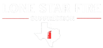 Logo for Lone Star Fire Suppression featuring text, a line, and a Texas outline with a fire extinguisher icon.