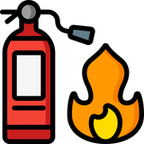 Red fire extinguisher next to a flame, ready for use.