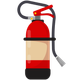 Red fire extinguisher with black hose and handle.