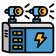 Blue and gray generator with two spotlights, emitting light rays, and a lightning bolt symbol.