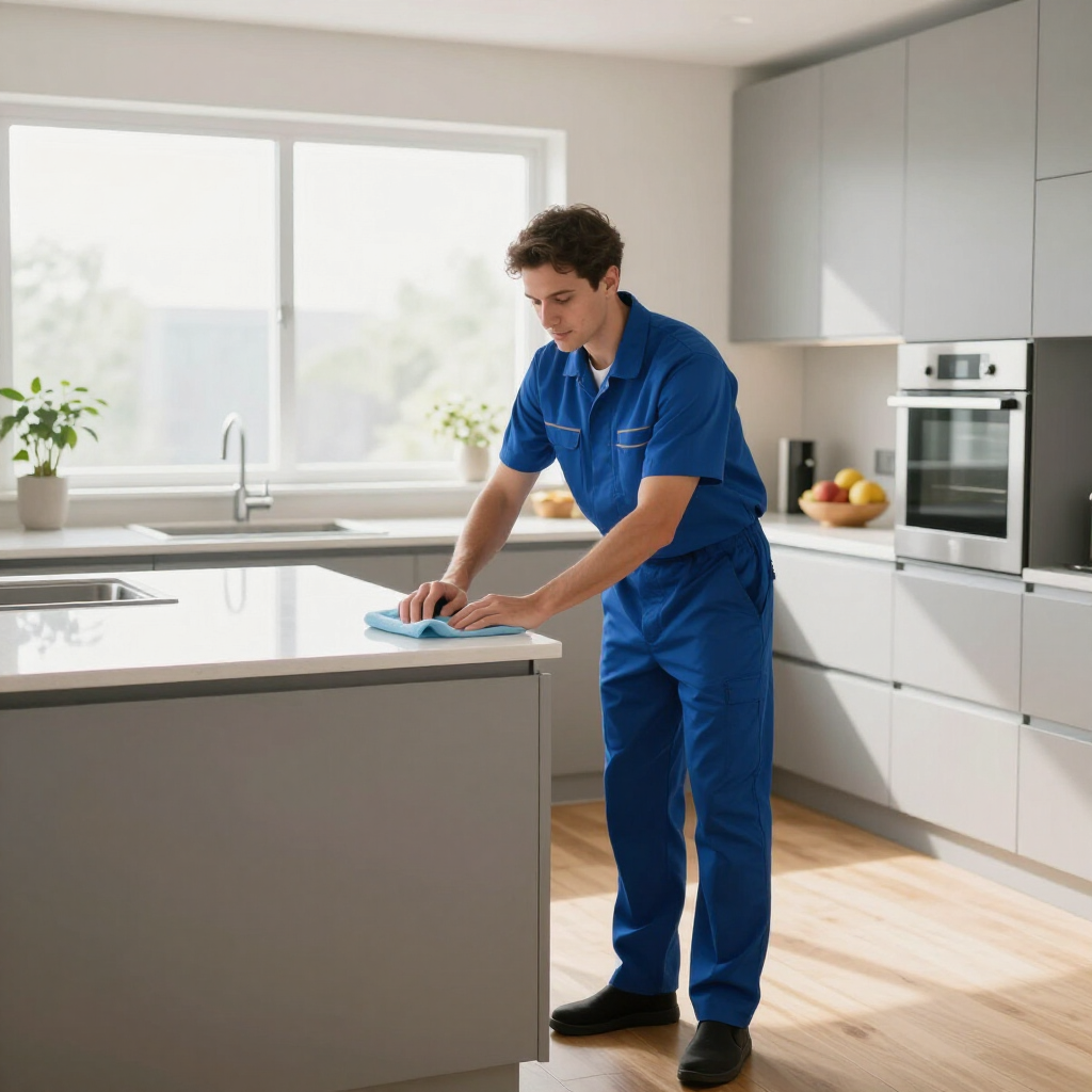 Person in blue work uniform wiping a kitchen island in a bright modern kitchen.
