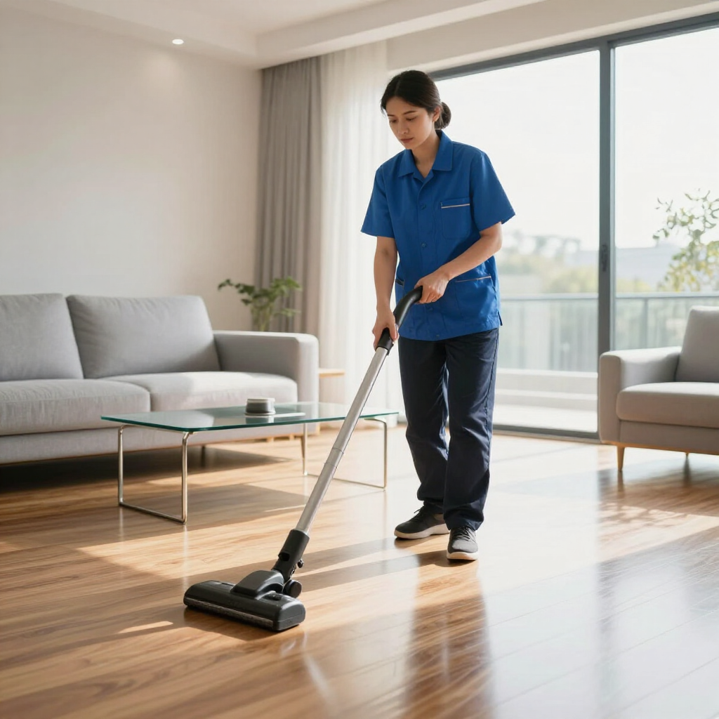 Person vacuuming a sunlit living room with a white sofa and glass coffee table
