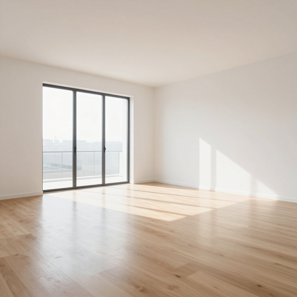 Empty sunlit room with light wood floors, white walls, and large sliding glass doors