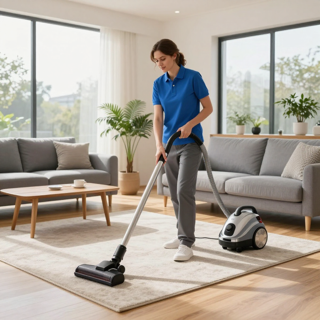 Woman vacuuming a bright living room with a canister vacuum, sofas and plants nearby