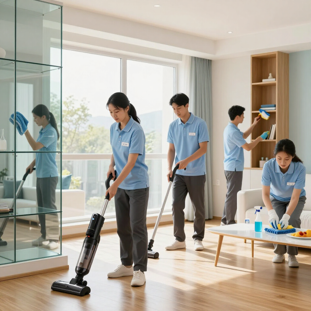 People cleaning a bright living room, vacuuming, dusting shelves, and tidying a coffee table.