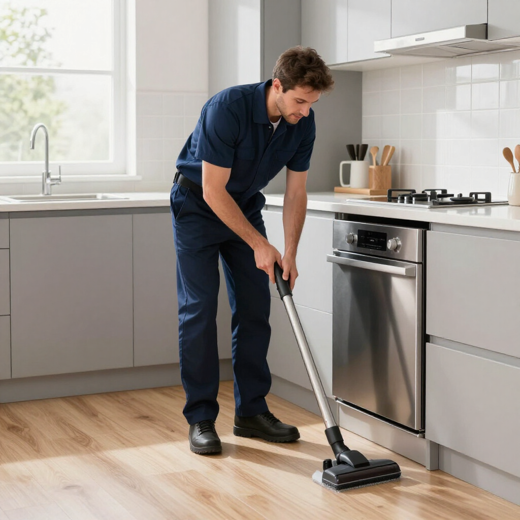 Man vacuuming a modern kitchen floor beside stainless steel appliances