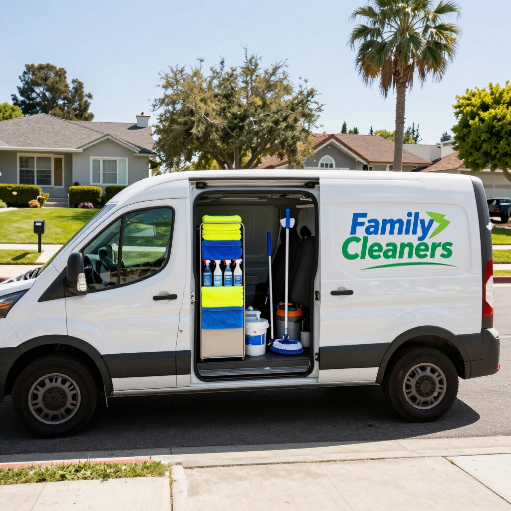 Family Cleaners service van parked in a suburban driveway with cleaning equipment visible inside.