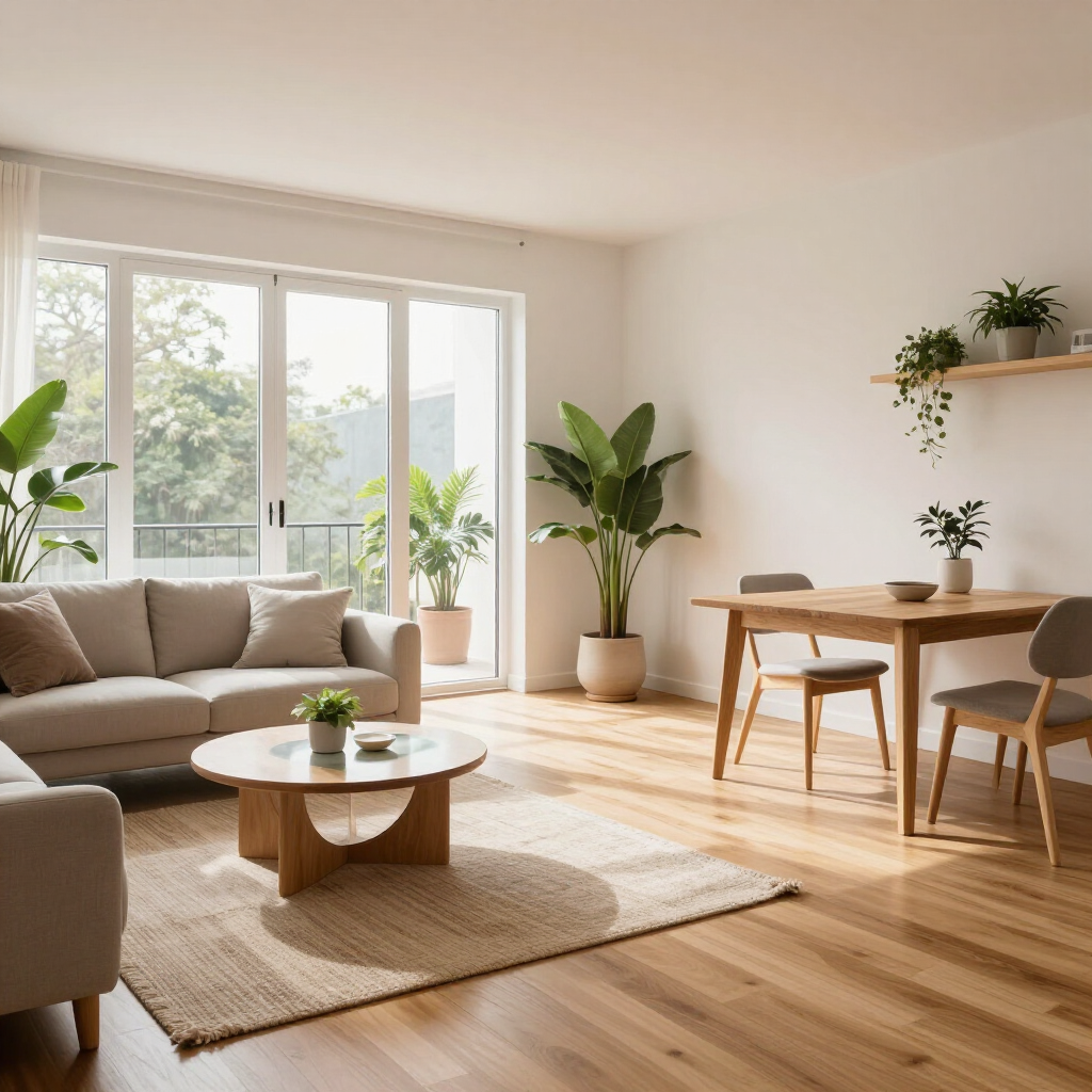 Bright minimalist living room with beige sofa, coffee table, dining set, plants, and large windows