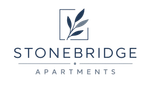 Stonebridge Apartments logo with a blue leaf icon and gray text on a white background