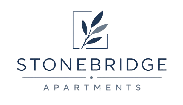 Stonebridge Apartments logo with a blue leaf icon and gray text on a white background