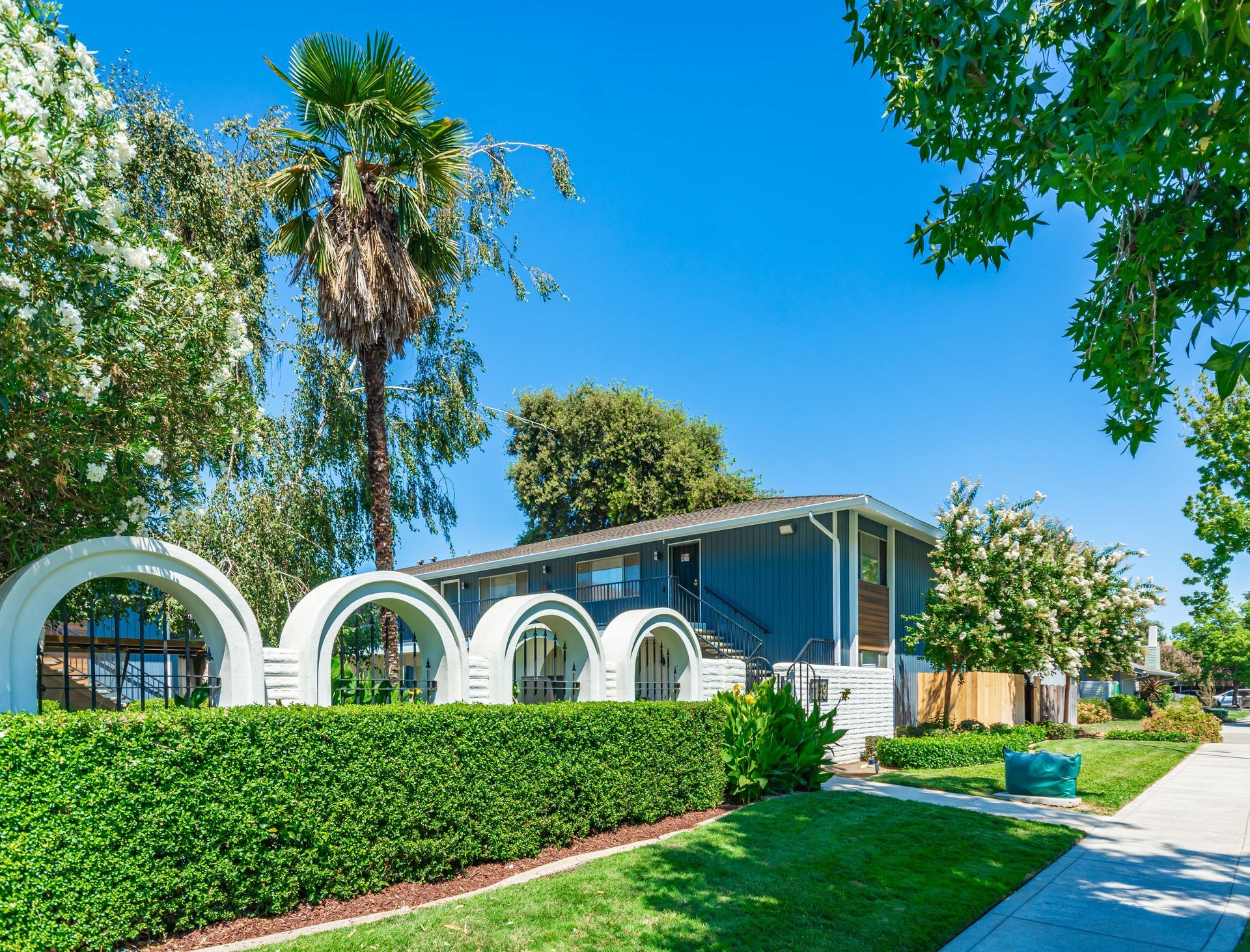 Modern house with white arches, green hedge, and palm trees under a bright blue sky