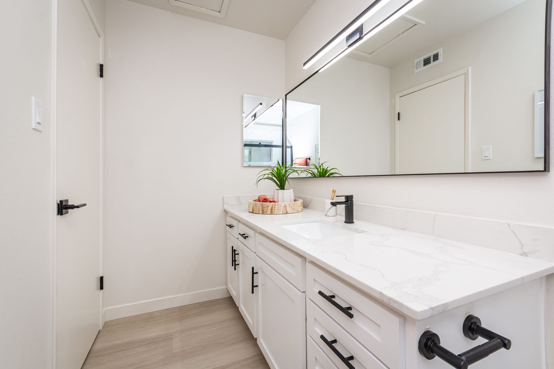 Bright white bathroom vanity with mirror, black fixtures, and a potted plant on the counter.