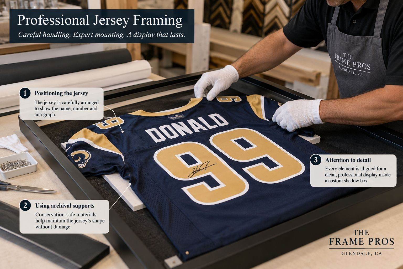 Professional football jersey framing and mounting process at Frame Pros in Glendale, CA.